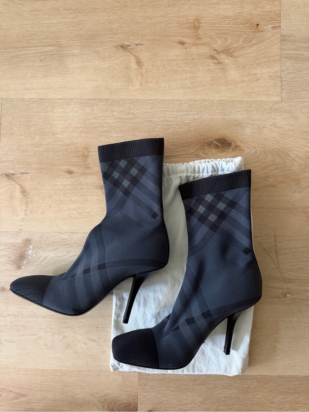 Burberry Black Check Stretch Sock Heel Boots